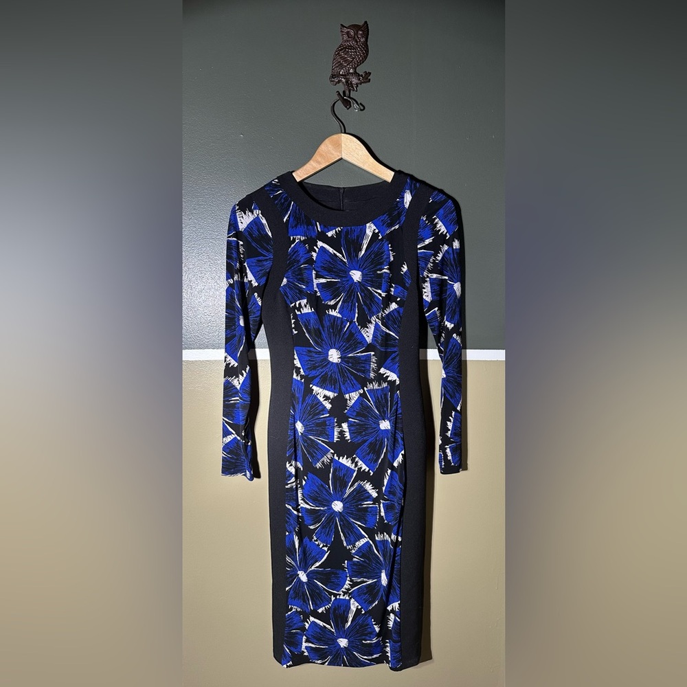 Maggy London Black and Blue Patterned Dress